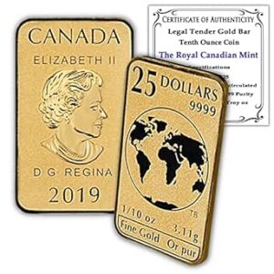 2019 1/10 oz RCM Gold Bar Coin by the Royal Canadian Mint Brilliant Uncirculated with Certificate of Authenticity $25 BU