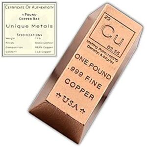 1 Pound Copper Bar Ingot Paperweight - .999 Pure Copper Bar Bullion Chemistry Element Design with Certificate of Authenticity by Unique Metals