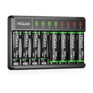 HiQuick 8 Bay Smart Battery Charger with AA & AAA Rechargeable Batteries- Fast Charging Household and 2800mAh Batteries 4 Pack 1100mAh