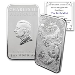 2024 P 1 Troy Ounce Australian Silver Dragon Rectangular Bar Coins Brilliant Uncirculated with Certificates of Authenticity $1 Seller BU