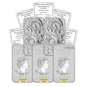 2018 - Present (Random Year) P Lot of (5) 1 oz Silver Bars Australia Perth Mint Dragon Series Rectangular Coins Brilliant Uncirculated with Certificates of Authenticity $1 Seller BU