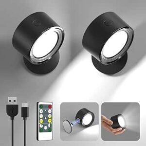 LED Wall Mounted Lights 2 Pcs with Remote, Wall Sconces Lamp 3000mAh Rechargeable Battery Operated, 3 Color Temperatures & Dimmable Magnetic 360° Rotation Cordless Light for Bedroom Bedside