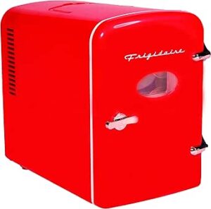 Frigidaire Red Mini Personal Fridge Cooler, 1 Gal Capacity fits Six Cans, Includes Plugs for Home Outlet & DC Charger - 9.84" D x 7.09" W x 10.35" H