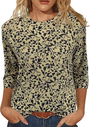 Womens Tops 3/4 Sleeve Shirts Round Neck Loose Casual Blouses Floral Print Tshirts