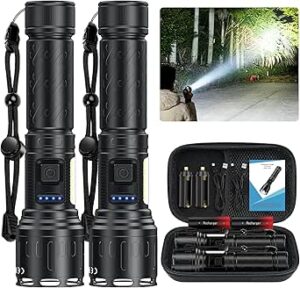 Rechargeable Magnetic Flashlights 100,000 High Lumens, Super Bright LED Powerful Flashlight 8 Modes with COB Work Light, Waterproof Handheld Flash Light for Camping (2 Pack with Leather Box, Black)